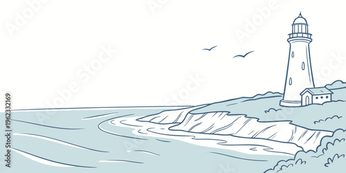 A lighthouse on a rocky coastline by the sea