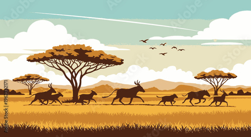 Herd of Antelopes Running Across African Savannah.