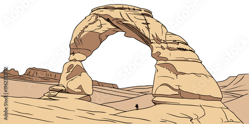 A large rock arch in a desert landscape