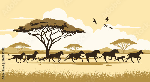 Herd of horses running across the savanna landscape.