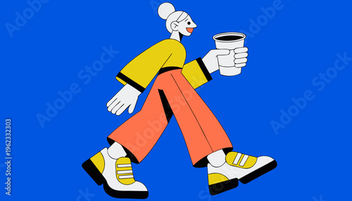 Woman character strides forward holding a disposable coffee cup against a solid bright blue background.