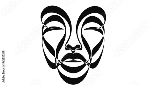 Black and white optical illusion graphic features flowing curved lines forming a serene, closed-eye facial structure.