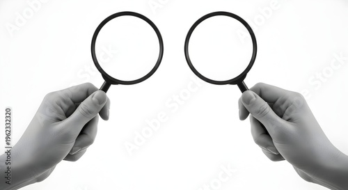Two hands holding magnifying glasses isolated on transparent background
