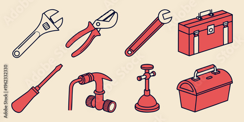 A set of red and gray tools and toolboxes