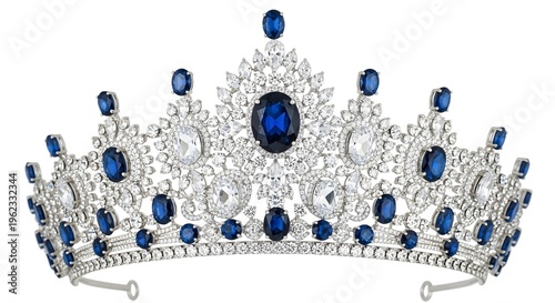 A luxurious tiara with blue gemstones isolated on transparent background