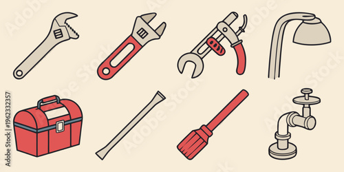 A set of tools and equipment for plumbing and construction