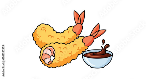 Illustration of two fried seafood pieces and a small bowl of dipping sauce, with a splash from the sauce. A minimalist design