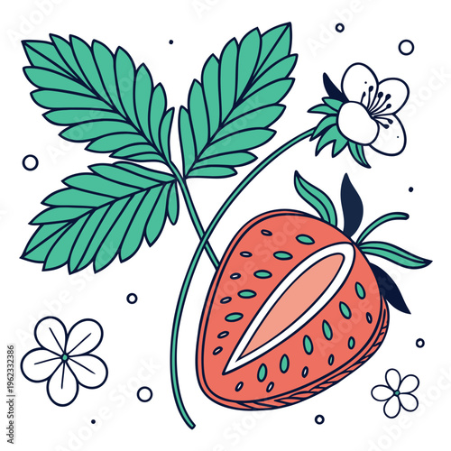 A sliced strawberry with leaves and flowers