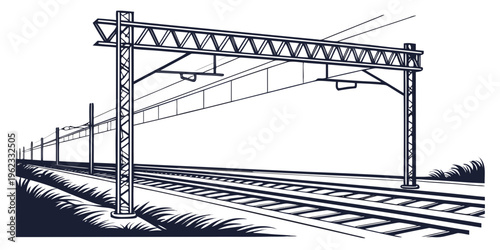 A black and white drawing of a train track with overhead wires