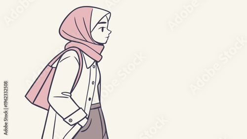 Young Muslim woman wearing a hijab and carrying a shoulder bag walks with purpose against a light background.