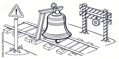 Railway crossing with warning bell and sign