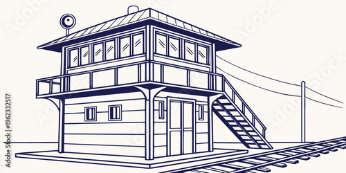 A train station with a staircase and a tower