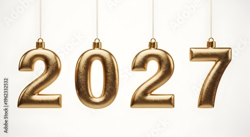 Golden 2027 hanging ornaments isolated on transparent background