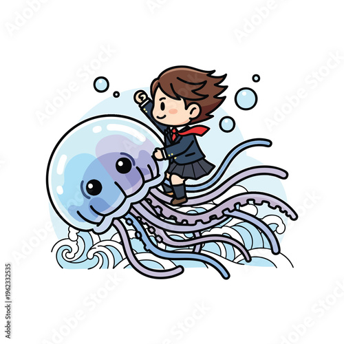 A cartoon school girl in uniform rides a jellyfish over stylized ocean waves with bubbles in a cute illustration