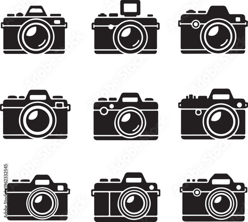 Photo camera silhouettes icon set. Black icons.
