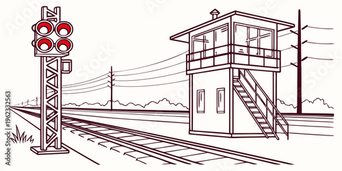 Railway signal house with red signal light