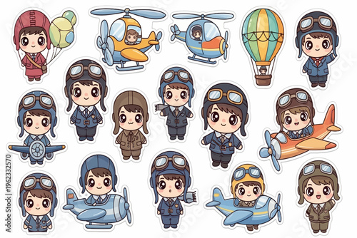 Cartoon pilots and diverse aircraft are flying together outside.