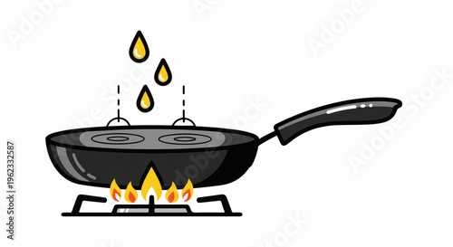 Cartoon of a frying pan with oil drops cooking over a gas stove