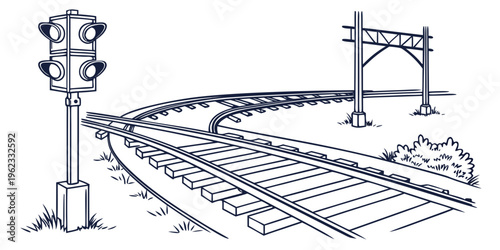 Railway tracks with a traffic light and overhead structure