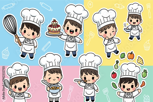 Cartoon chefs prepare food with utensils in kitchen environment.