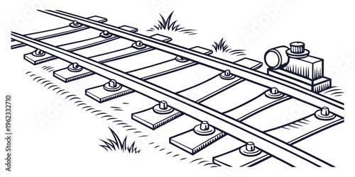 A close-up of a railroad track with grass growing around it