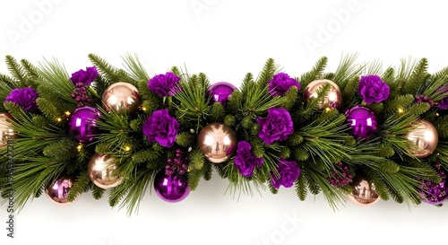Christmas garland with purple and gold ornaments isolated on transparent background
