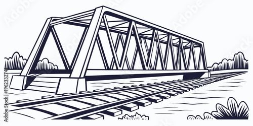 A black and white drawing of a railroad bridge