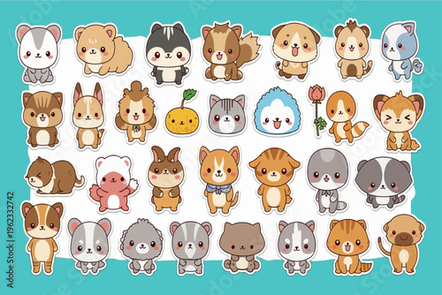 Cute cartoon animals including dogs, cats, bears, and pandas are illustrated on a white background.