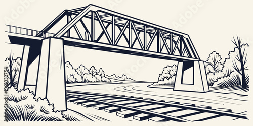 A black and white drawing of a train bridge
