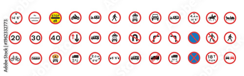 Comprehensive road traffic sign collection with speed limits, warnings, prohibitions, vehicle restrictions, and direction symbols in circular vector icon style