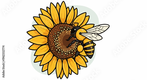 Cartoon bee collecting nectar from a bright yellow sunflower