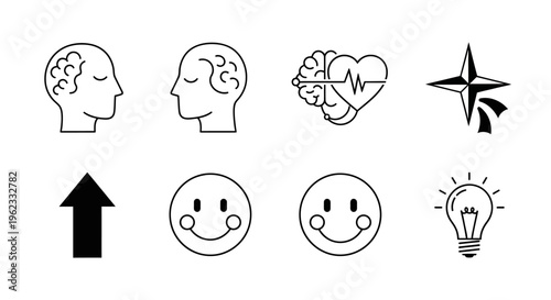 Mental health icons set featuring human profile with brain activity and heart pulse symbol for mindfulness