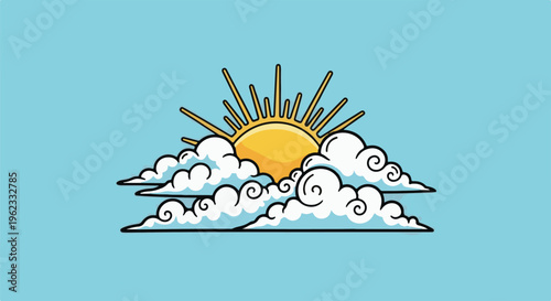 Bright sun rising from behind fluffy clouds against a clear sky