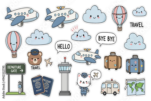A colorful illustration of cartoon airplanes, hot air balloons, and travel-related items, including a teddy bear and cat, at a departure gate.