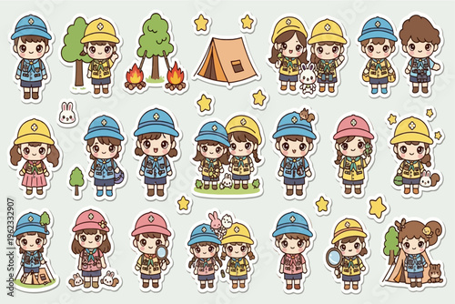 Children wearing colorful hats and outfits standing in a campsite