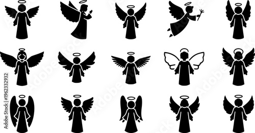 Collection of minimalist black silhouette icons featuring diverse winged angels, creative spiritual and holiday character design vector set isolated on white.