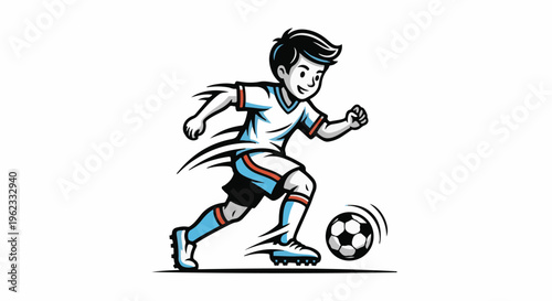 Cartoon boy in motion dribbling a soccer ball with dynamic lines