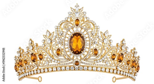 Luxurious tiara with amber and clear gemstones isolated on transparent background