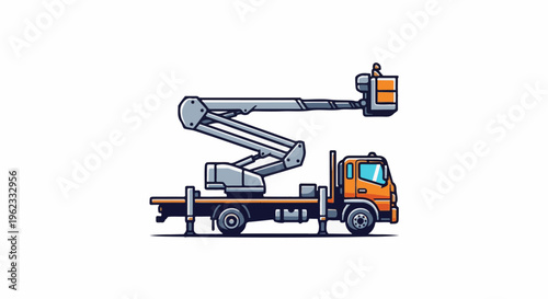 Cartoon boom truck with extended lift basket, orange cab, grey boom