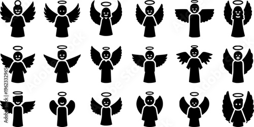 Collection of minimalist black silhouette icons featuring diverse winged angels, creative spiritual and holiday character design vector set isolated on white.