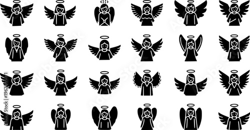 Collection of minimalist black silhouette icons featuring diverse winged angels, creative spiritual and holiday character design vector set isolated on white.