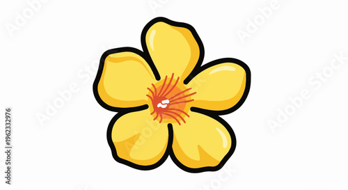 Bright yellow flower with red center on white background