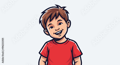 Cartoon boy with brown hair and red shirt, smiling widely