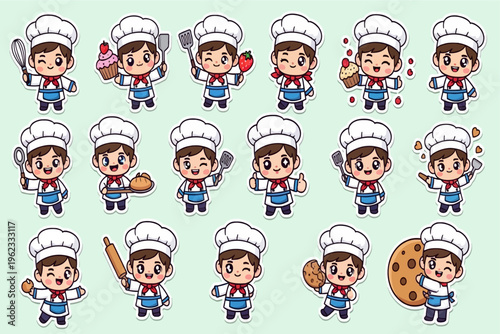 Cartoon chefs enthusiastically prepare various sweet baked foods in kitchen.