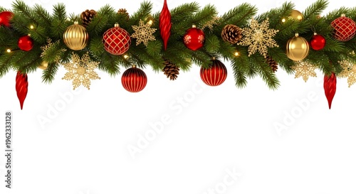 Christmas garland with red and gold ornaments isolated on transparent background