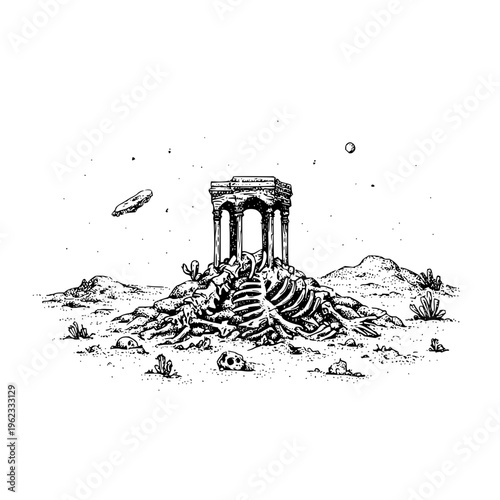Surreal desert landscape featuring an ancient ruined stone temple surrounded by scattered human ribcages and skulls under a starry night sky with a floating metallic object