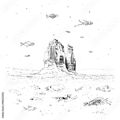 Submerged ancient stone temple ruin surrounded by floating fish in a surreal underwater environment hand drawn black and white artistic sketch illustration concept art