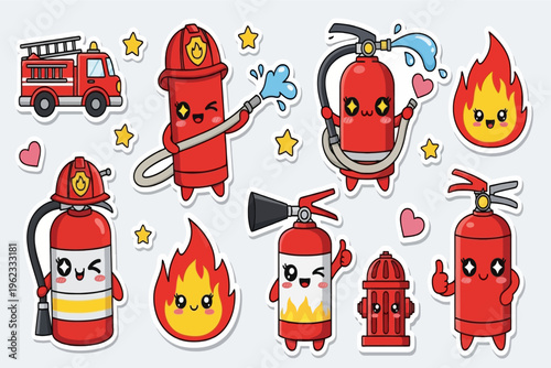 Firefighters and cute cartoon fire hydrants with flames and hearts around