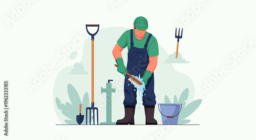Gardener cleaning tools with soap and water outdoors.