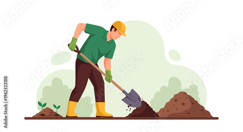 Gardener digging soil with shovel for planting.